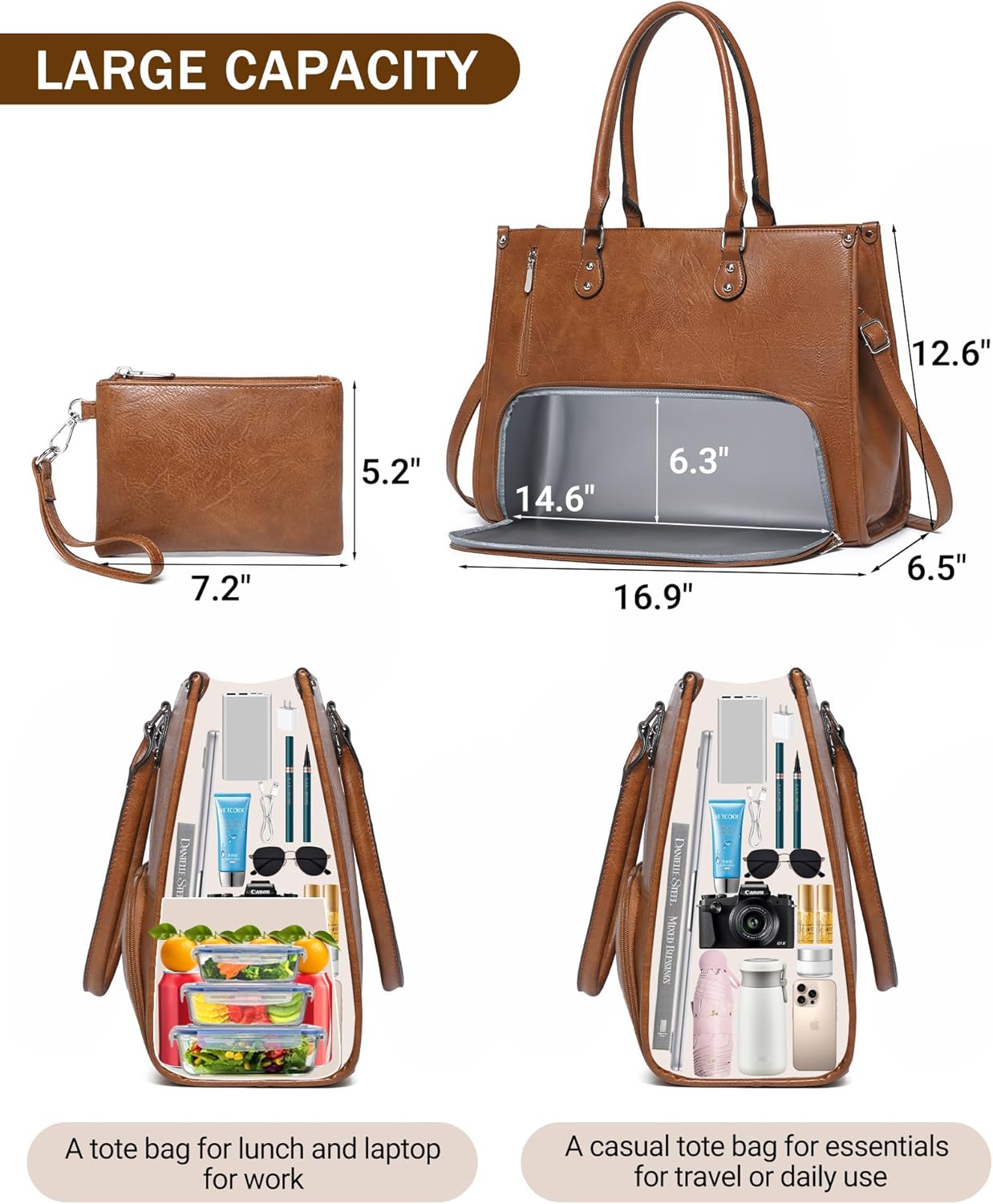 Leather Work Bag Laptop - 2-in-1 laptoptas met geïsoleerd lunchvak voor
