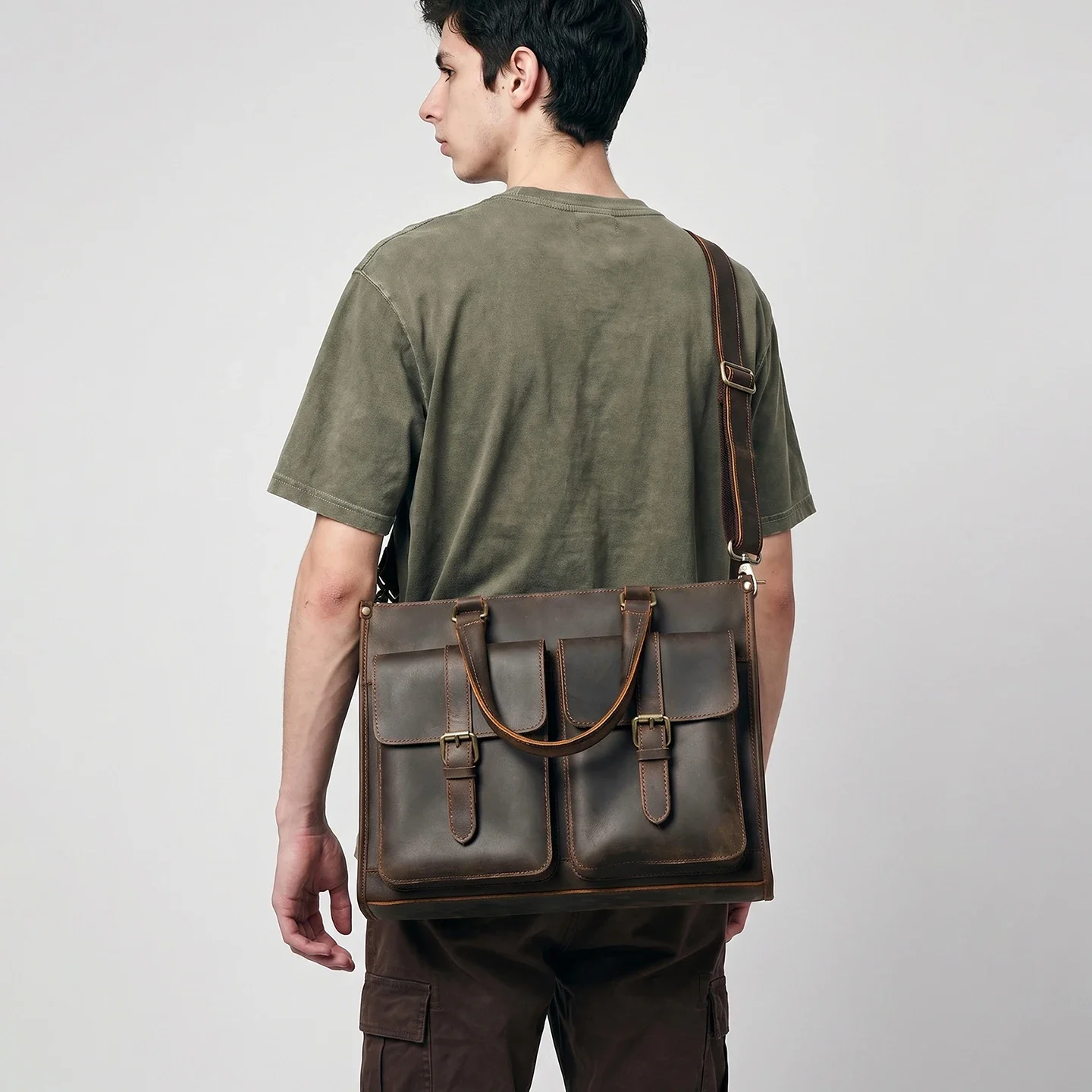 Leather Work Bag Laptop - Vintage Echt Lederen Heren Schoudertas/Briefcase van