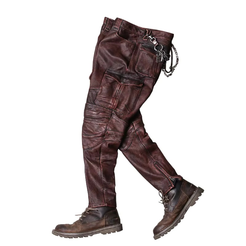 Leather Work Pants - 2022 Vintage Bruin Mannen Biker 'S