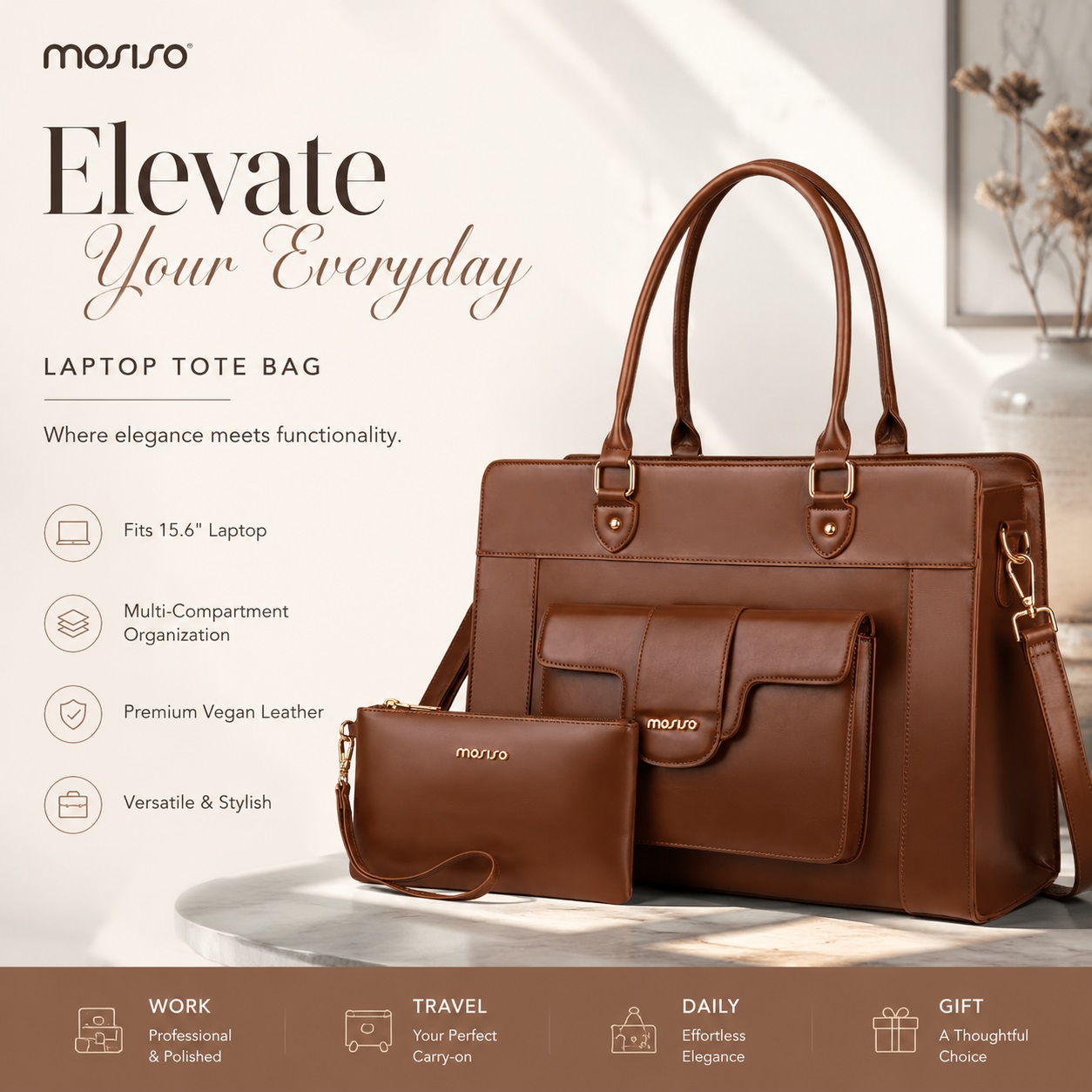 Leather Work Bag Laptop - MOSISO laptoptas voor dames 15,6 inch