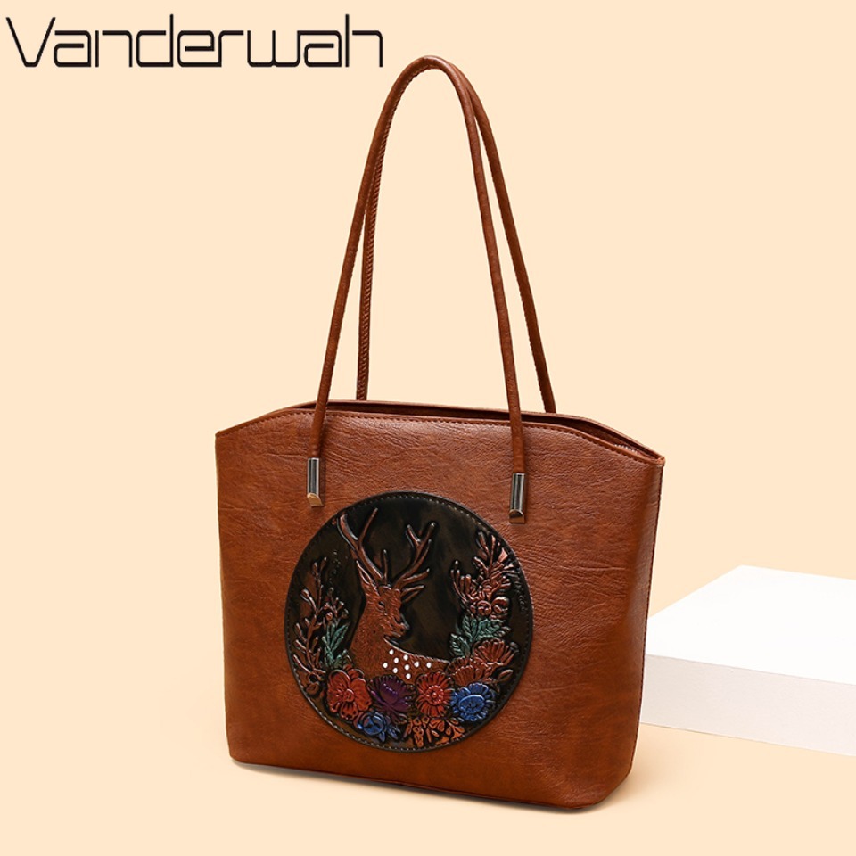 Leatherwork Workshop - Dames Vintage Geëmbosseerde Herten Bloemmotief Tote