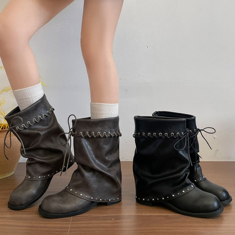 Dames Slouchy Mid Calf Boots R - Leatherwork Rivets recensie en prijs